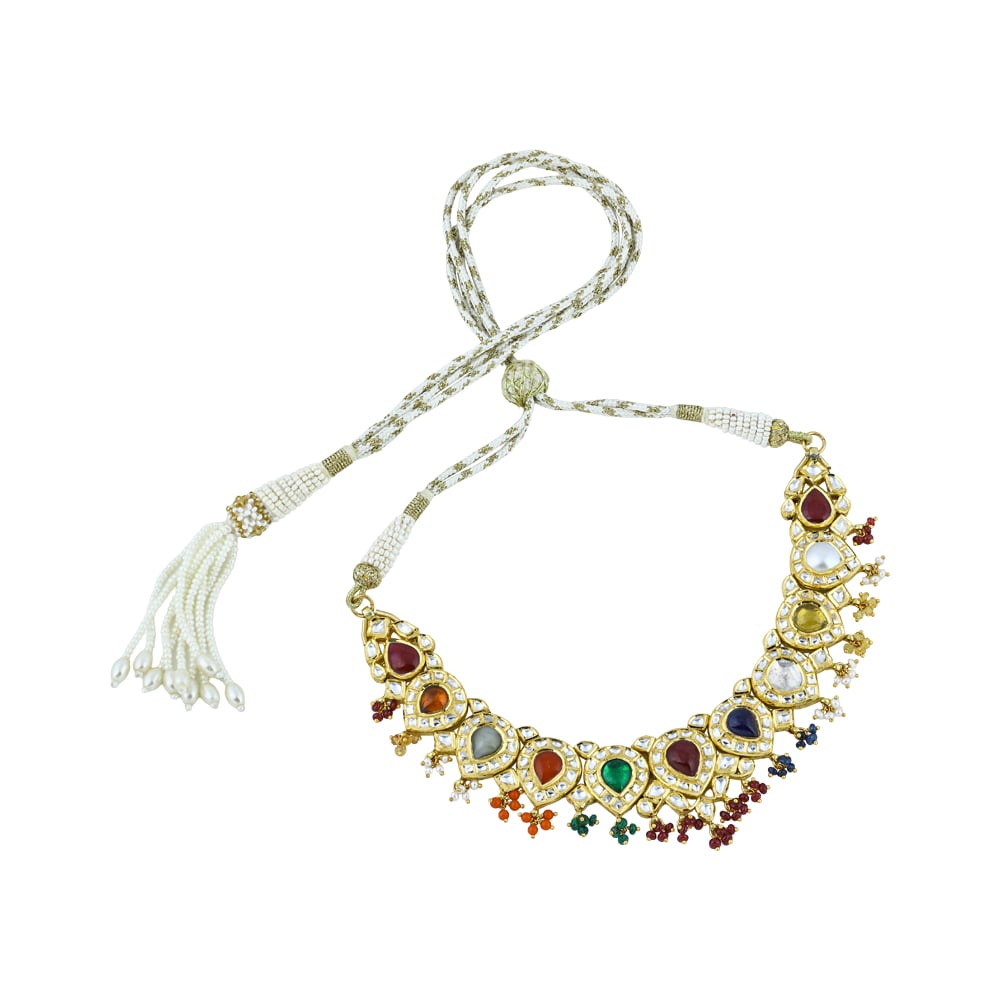 Navratna Necklace with Polki Diamonds, Pearls, and coloured Beads